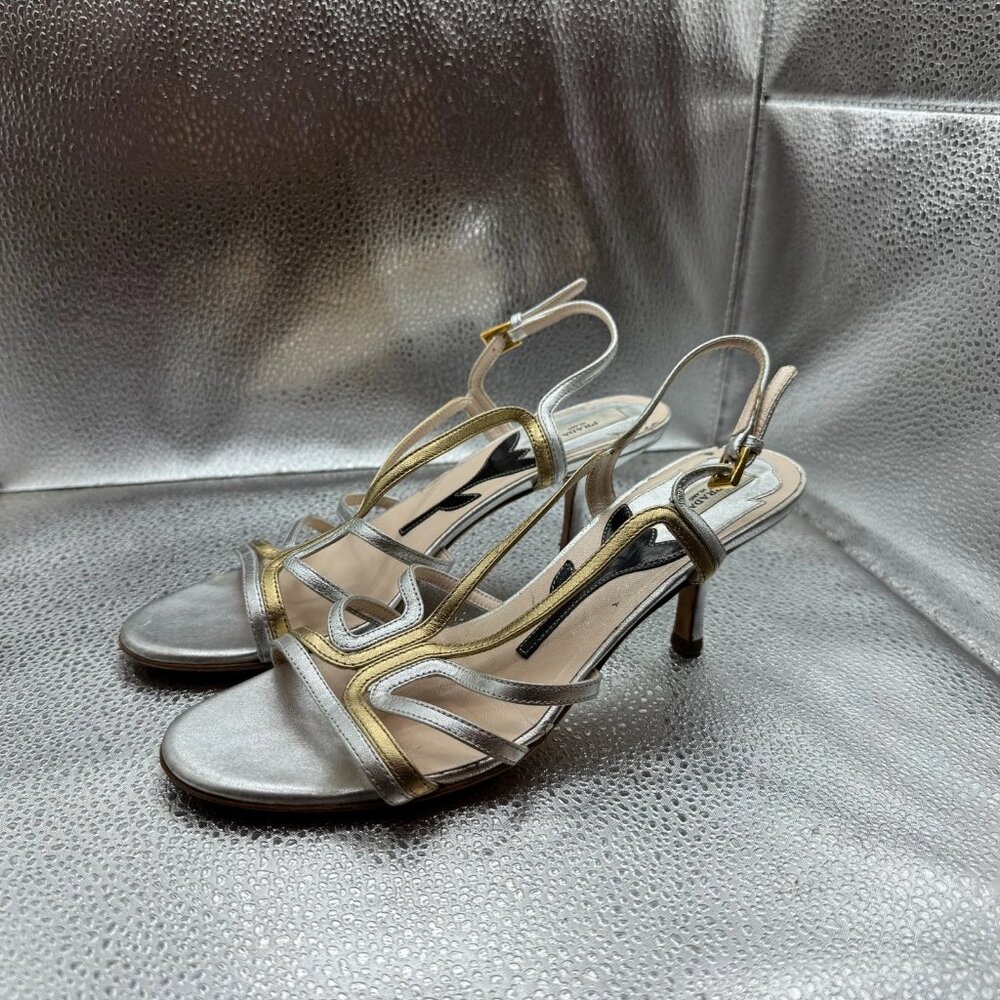 Size EU 35.5 Prada Platinum Gold Womens Leather Strappy Stiletto‎ Heel Sandals - Picture 5 of 9